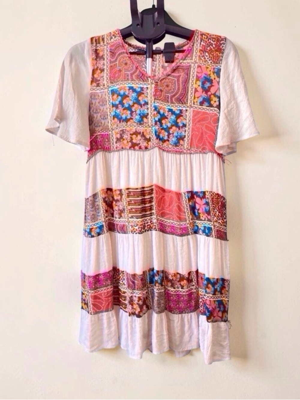 ODDI Patchwork Tiered Mini Dress Flutter Sleeve summer boho Size S